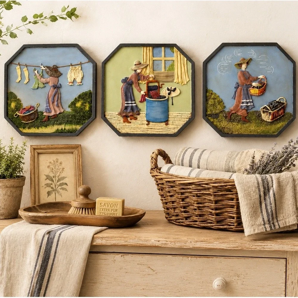 Vintage Laundry Wall Art Set of 3 Raised Relief Plaques Cottage Folk Decor
